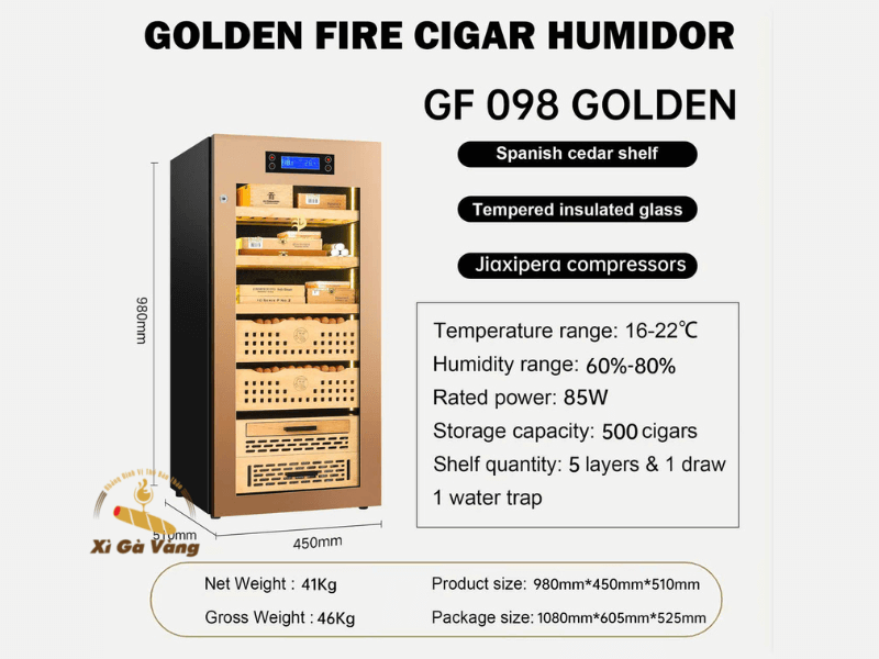 Tủ bảo quản xì gà Golden GF 098 Golden với thông số chi tiết